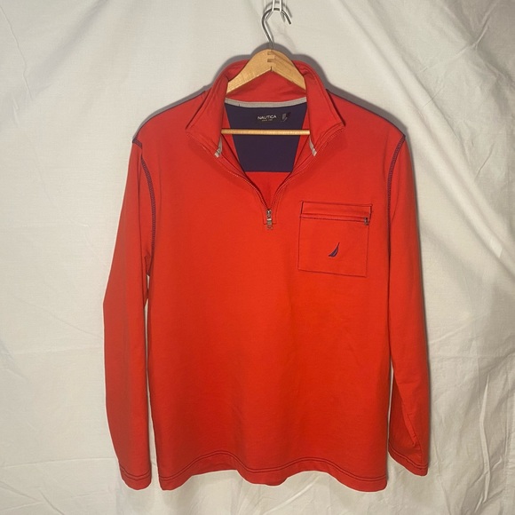 🎉2/$20 Nautica Mens Large Collared LongSleeve Zipper Polo Bright Red Golf Shirt - Picture 2 of 15
